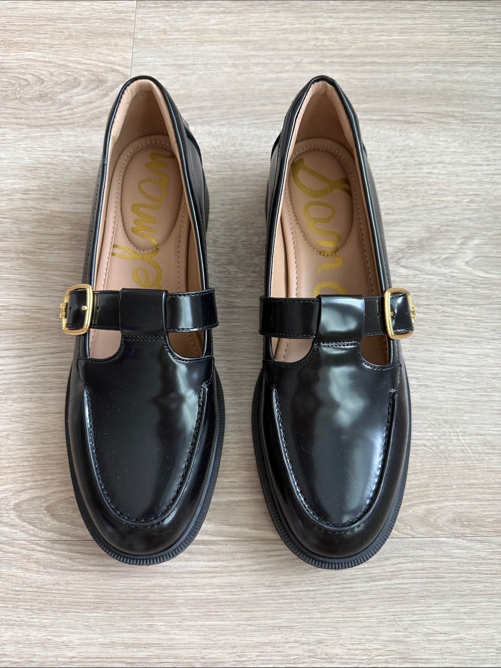 Sam Edelman Black Patent Mary Jane T Strap Loafers with Gold Buckle
